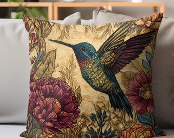 Hummingbird Print Pillow, Vintage Floral Bird Throw Pillow, Cottagecore Nature Cushion, Botanical Garden Decor, Boho Wildlife Accent