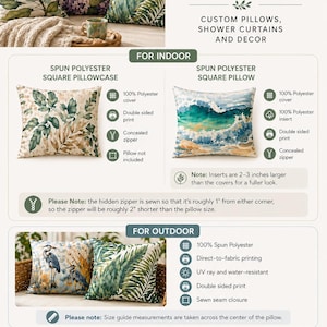 The image is a collection of images showcasing various pillows and pillow covers, including custom pillows, spinner curtains, and pillow covers. The images feature different designs and textures, such as floral patterns, geometric shapes, and abstract art. The text provides information about the pillows and pillow covers, including their sizes, materials, and features.