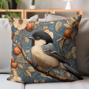 William Morris Inspired Chickadee Throw Pillow, Vintage Bird And Floral Design, Nature Inspired Cushion, Decorative Home Accent