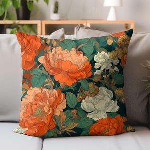 Orange Peony Throw Pillow Floral Botanical Cushion, Autumn Garden Decor, Vintage Bloom Pattern, Rust Floral Pillowcase