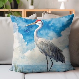 Coastal Crane Pillow, Red Crowned Bird Cushion, Watercolor Beach Throw, Ocean Nature Decor, Elegant Shoreline Home Accent