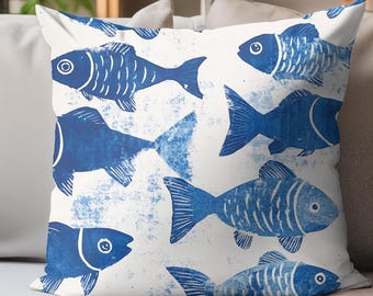 青い魚のクッション、航海をテーマにした装飾クッション、海をイメージしたホームアクセント、ユニークな海岸風ギフト、ビーチハウスの装飾