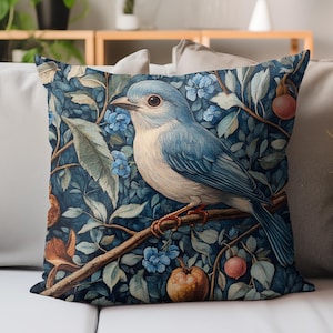 William Morris Inspired Blue Bird Pillow Cover, Decorative Pillow, Accent Throw Pillow Case, Home Decor