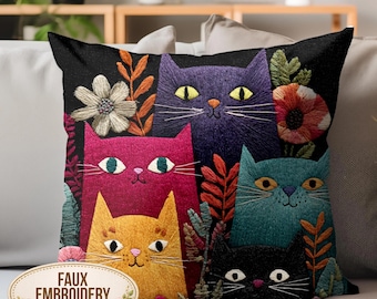 Bunte Katze KUNST Stickerei Kissen, wunderliches Katzen Kissen, Boho Tier Dekokissen, süsses Kitty Dekor, spielerisches Geschenk für Katzenliebhaber
