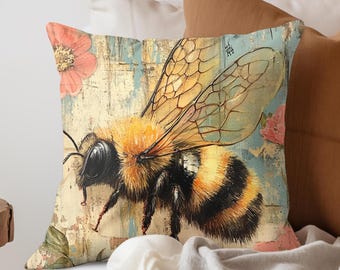 Cojín decorativo vintage con diseño de abeja, funda de almohada de poliéster, decoración vintage para el hogar, cojín decorativo para sala de estar, cojín cuadrado para sofá, funda de almohada decorativa