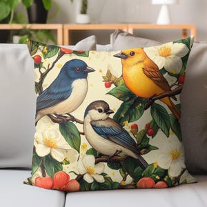 Floral Bird Pillow, Colorful Songbird Cushion, Vintage Nature Throw, Garden-Inspired Decor, Best Gift for Bird Lovers