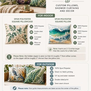 The image is a collection of images showcasing various pillows and pillow covers, including custom pillows, spinner curtains, and pillow covers. The images feature different designs and textures, such as floral patterns, geometric shapes, and abstract art. The text provides information about the pillows and pillow covers, including their sizes, materials, and features.