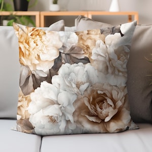 Soft Neutral Floral Throw Pillow, Elegant Decorative Cushion, Vintage Botanical Home Decor, Romantic Throw Cover, Cozy Living Room Aesthetic