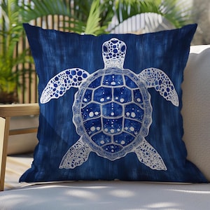 Blue Sea Turtle Throw Pillow, Coastal Nautical Cushion Cover, Batik Ocean Accent Pillow, Beach House Marine Home Decor