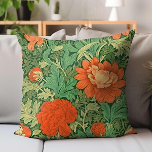 Green Botanical Floral Throw Pillow, Vintage Garden Peony Cushion, Autumn Accent Pillow, Retro Floral Design, Bold Pillowcase Print