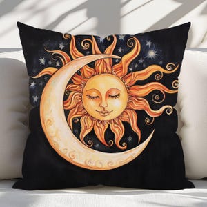 神秘的な月と太陽のアクセント枕、月と太陽の枕カバー、天体プリントクッション、天体スローピロー、ボヘミアンホームデコレーション