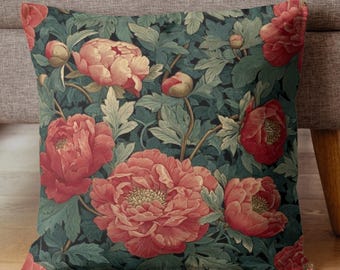 William Morris-pioenrozen sierkussen, kussen bloemenaccent, geweven kussenhoes, vintage interieur, voor bank, kussen Morris
