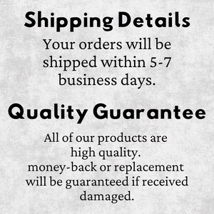 text that provides shipping details and a quality guarantee for the products.