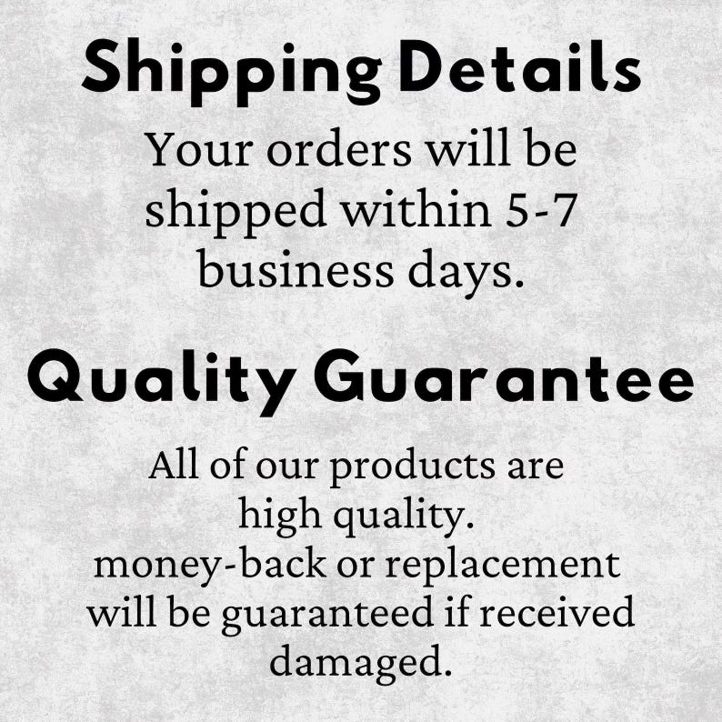 text that provides shipping details and a quality guarantee for the products.