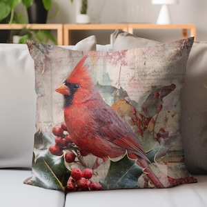 Christmas Cardinal Pillow, Vintage Style Bird Cushion, Mixed Media Holiday Decor, Rustic Festive Throw Pillow, Red Winter Nature Accent