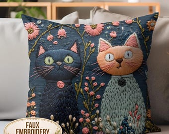 Cojín de gato caprichoso, cojín con estampado de gato bordado en imitación, decoración floral de gatitos para jardín, cojín decorativo felino juguetón, lindo regalo para amantes de los gatos