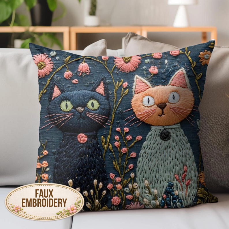 Whimsical Cat Pillow, Faux Embroidery Cat Print Cushion, Floral Kitty Garden Decor, Playful Feline Throw Pillow, Cute Cat Lover Gift image 1