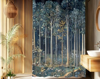 William Morris Forest Inspired Shower Curtain, Vintage Botanical Woodland Art Nouveau Bathroom Decor, Pre-Raphaelite Style Fabric Curtain