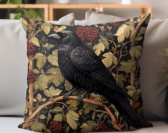 Raven and Brambles Decorative Pillow, Vintage Bird Cushion, William Morris Style Accent, Botanical Accent Throw, Elegant Home Decor