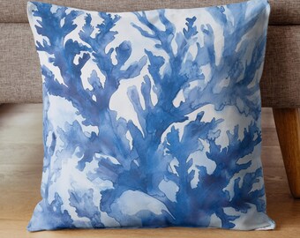 Cojín decorativo con estampado de coral costero, funda de almohada para casa de playa, almohada de poliéster, funda de cojín abstracta azul, regalo único, cojín decorativo con estampado de arrecife de coral