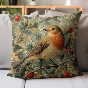 William Morris Inspired Robin Throw Pillow, Vintage Bird And Floral Design, Nature Inspired Cushion, Decorative Home Accent
