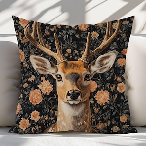 Almohada de ciervo de William Morris, funda de almohada estilo boho con motivos de bosque, almohada rústica con motivos de ciervo, almohada decorativa estilo boho con motivos de bosque, cojín con forma de animal
