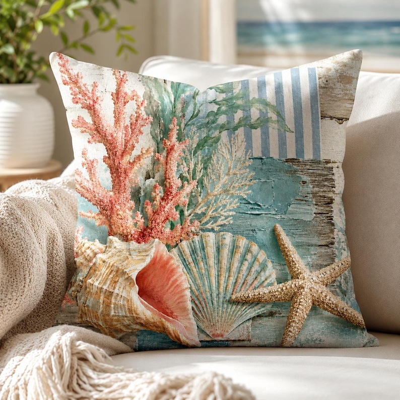 Coral Seashell Pillow Cover, Coastal Shell Pillow, Starfish Throw ...