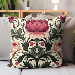 Pink Peony Throw Pillow With Dark Green Leaves, Vintage Botanical Cushion Cover, Floral Pillowcase Only Option, Bold Nature Art Accent
