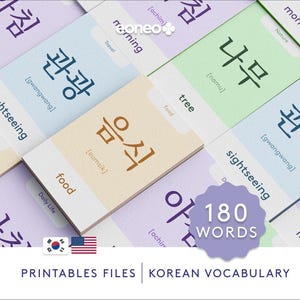 Afdrukbare Koreaanse flashcards 180 woorden, Hangeul | Engelse vertaling, Basiswoorden, 6 thema's, Talen studeren, pdf-download, Montessori-studie