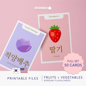 Flashcards coréens imprimables | ENSEMBLE COMPLET Fruits + Légumes | 50 cartes | Coréen-anglais | Méthode Montessori | Langues d'étude | Téléchargement PDF