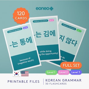 Jeu complet de cartes mémoire de grammaire coréenne 1,2,3 | IMPRIMABLE | 120 cartes | Coréen-anglais | Apprendre et étudier le coréen | Montessori | Langues d'étude