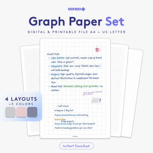 Può includere: Un set di quattro modelli di carta millimetrata stampabili in tre colori: grigio, rosa e blu. I modelli sono progettati per i formati A4 e US Letter. L'immagine include testo con suggerimenti per lo stile visivo, la tipografia e le immagini. Il testo include le parole "Stile visivo", "Palette di colori", "Tipografia", "Immagini", "Stato d'animo/Sensazione", "Tabelle di chiamata", "Post di Instagram e blog", "Preparare una presentazione", "Ricerca e design", "Finalizzare le linee guida del marchio".