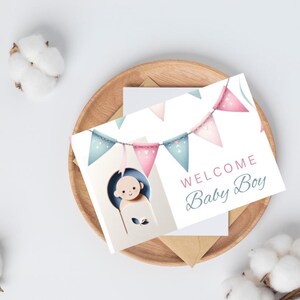 Cartão de boas-vindas para bebê menino para impressão - Download DIGITAL - Cartão simples para bebê com adorável faixa multicolorida para bebê.