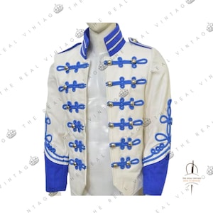 Chaqueta de húsar con trenza azul real y color blanco roto para mujer, hecha a mano, el mejor regalo para ella, abrigo de húsar de moda para mujer, abrigo militar para mujer