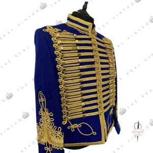 Handmade Navy Blue Napoleonic Hussar Uniform Military Gold Braided Jacket, Hussar Gold Braid Jacket, Hussar Military Jimmy Hendrix Jackets
