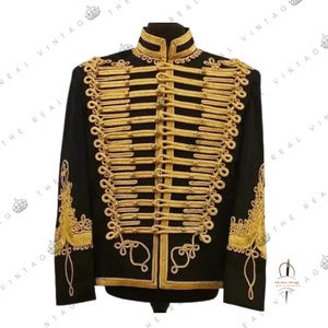 Handmade Black Napoleonic Hussar Uniforms Military Gold Braided Jacket, Hussar Gold Braid Jacket, Hussar Military Jimmy Hendrix Jackets/oat