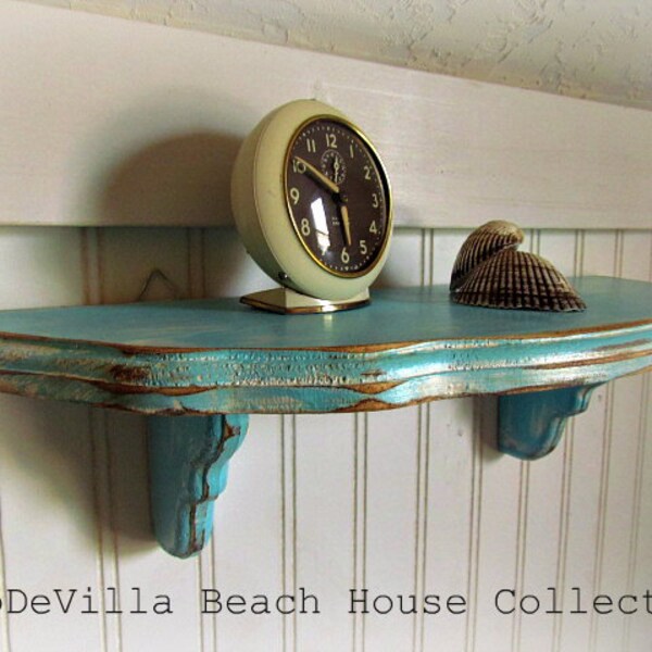 Vintage Hand Painted Aqua and White Distressed Shabby Wooden Shelf