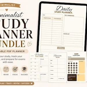 May include: A digital study planner bundle featuring a tablet displaying a Daily Study Planner page, alongside printed sheets for a Weekly Study Planner, Revision Tracker, Exam Countdown, and Subject Progress Tracker in a beige and brown colour scheme.