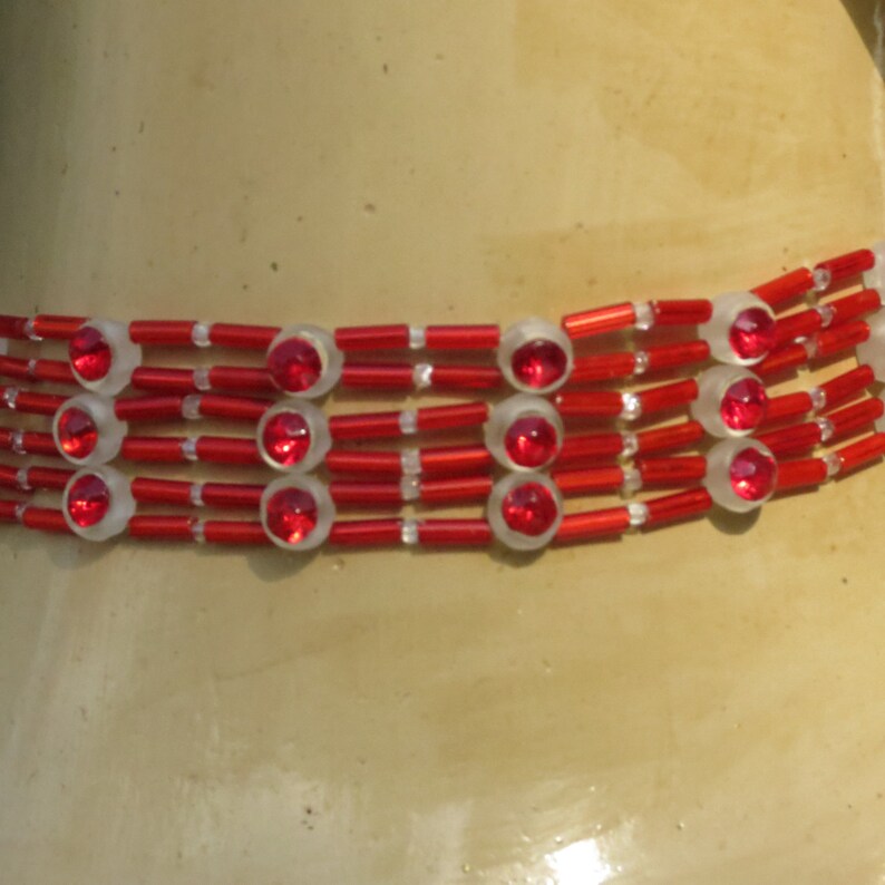 Handmade Vintage Rhinestone and Bugle Bead red Shimmer Beaded Choker