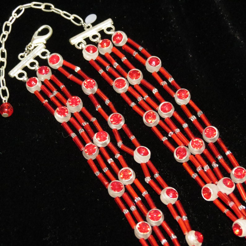 Handmade Vintage Rhinestone and Bugle Bead red Shimmer Beaded Choker