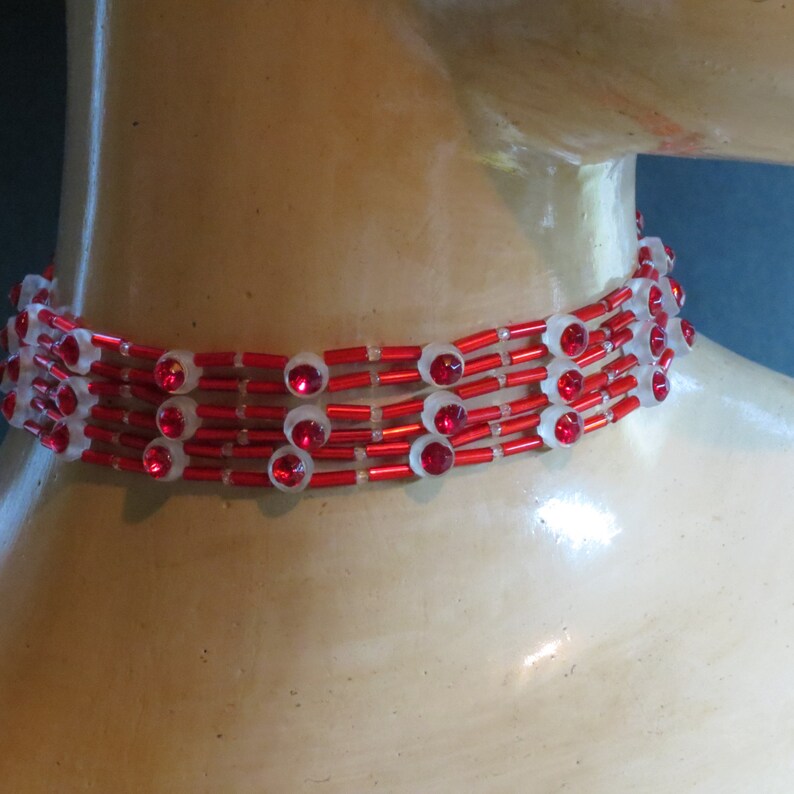 Handmade Vintage Rhinestone and Bugle Bead red Shimmer Beaded Choker