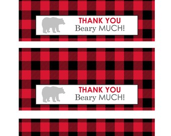 INSTANT DOWNLOAD Buffalo Plaid Snack Bag Topper Labels, Birthday Party, Lumberjack, Bear, Thank you Tags, Digital, Printable