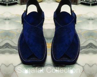 Dark Blue awari Chappal | Leather Chappal | Handmade Peshawari Chappal | Traditional Men's Sandals | Kaptaan Chapal | Footwear