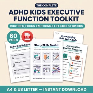 Può includere: Un kit digitale intitolato The Complete ADHD Kids Executive Function Toolkit, contenente 60 pagine di fogli di lavoro stampabili tra cui End of Day Reflection, Study Skills Toolkit e Organization Station Checklist in formato A4 e US Letter.
