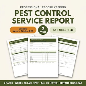 Puede incluir: Una plantilla profesional de informe de servicio de control de plagas con dos páginas en tamaños A4 y carta de EE. UU. El documento es editable en Word y como PDF rellenable, con encabezados verde oscuro y secciones organizadas.