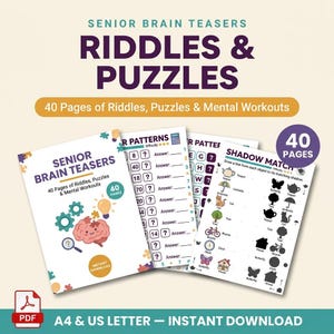 May include: A digital activity book titled Senior Brain Teasers: Riddles & Puzzles with 40 pages. The cover features a brain illustration, gears, and a lightbulb. Interior pages show number patterns and a shadow match activity with various icons.