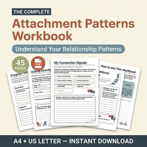以下が含まれることがあります： 45ページのPDF形式のComplete Attachment Patterns Workbook。ワークブックには「My Connection Signals」、「Asking Directly」、「How to Use This Workbook」というタイトルのセクションが含まれています。A4およびUSレターサイズのインスタントダウンロードとして利用可能です。
