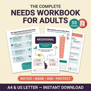 Könnte beinhalten: Ein digitales Arbeitsbuch mit dem Titel The Complete Needs Workbook for Adults, das 55 Seiten im PDF-Format umfasst. Das Dokument enthält Abschnitte wie The Eight Need Zones Overview, Boundaries and Limits Scan und Need-Request Builder mit farbigen Symbolen.