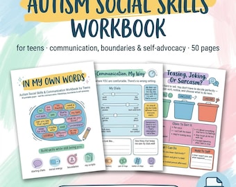 May include: An Autism Social Skills Workbook for teens featuring 50 pages of communication, boundaries, and self-advocacy exercises. The workbook includes worksheets titled In My Own Words, Communication My Way, and Teasing, Joking, or Sarcasm.