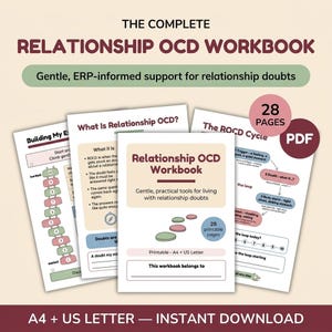 Peut inclure: Le Complete Relationship OCD Workbook est un document PDF numérique de 28 pages. Il comprend des pages imprimables aux formats A4 et US Letter, avec un soutien basé sur l'ERP, des schémas du cycle ROCD et des exercices sur les doutes relationnels.